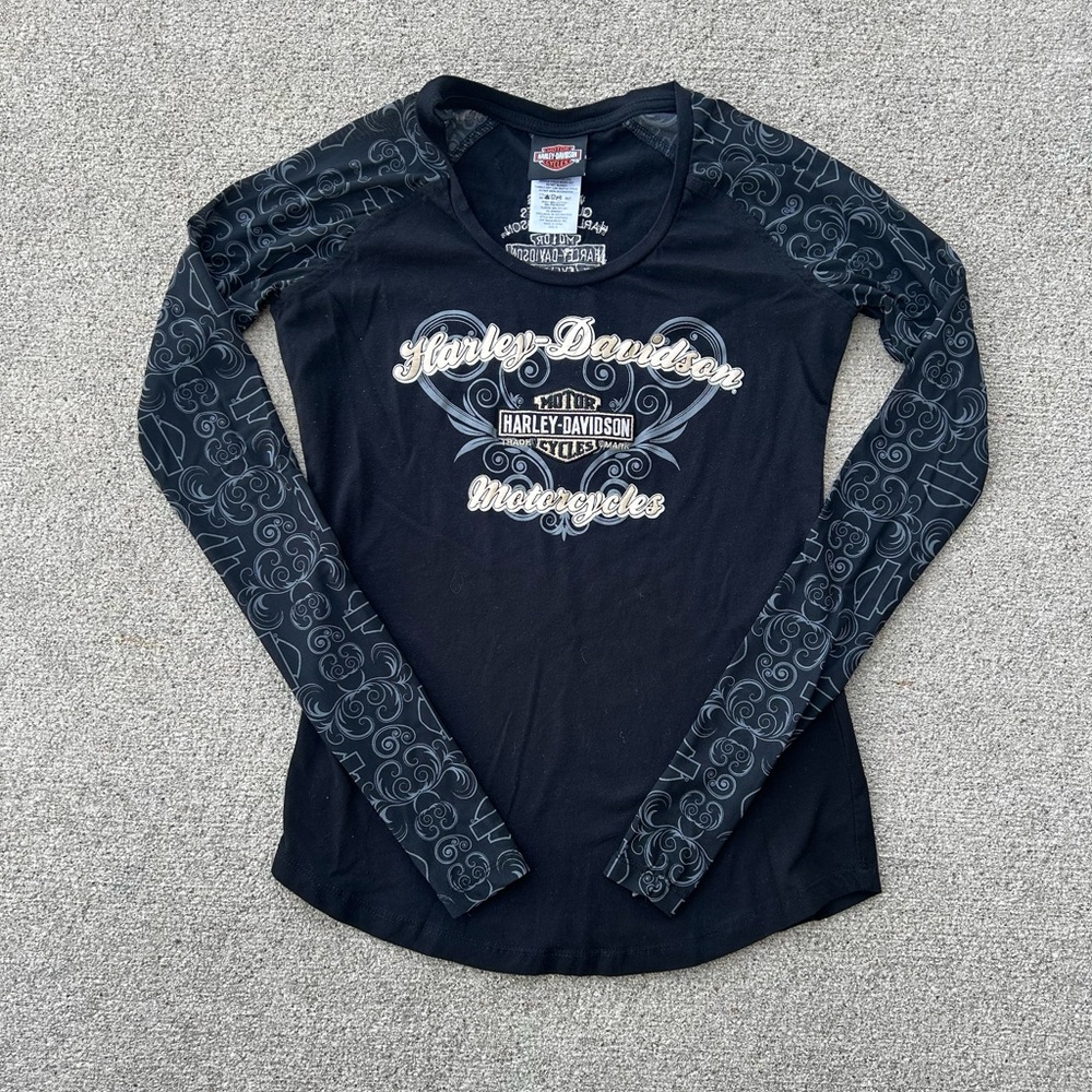 Women’s black Harley Davidson shirt with mesh sleeves and front graphic